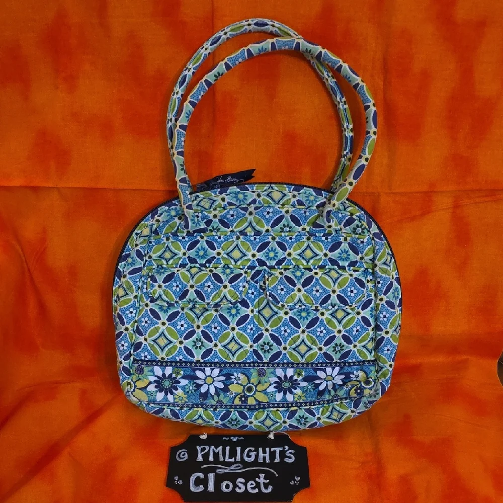 Vera Bradley Floral Patterned Tote Bag Daisy Daisy Blue Lime Green White
